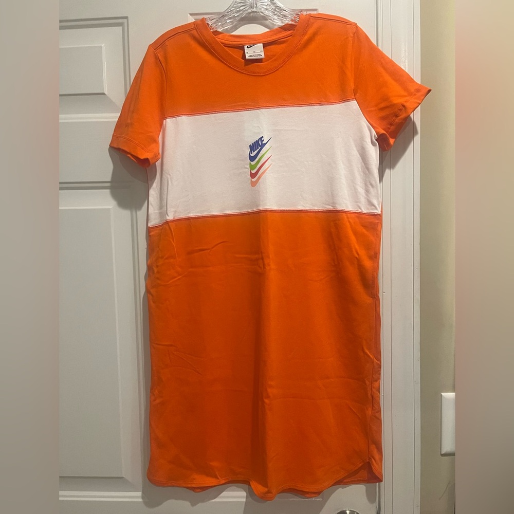 Nike t shirt dress, orange and white, girls size XL
